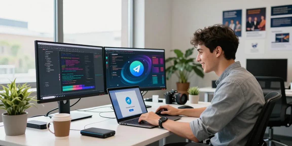 Download Telegram app on a laptop in a vibrant tech workspace with modern gadgets.