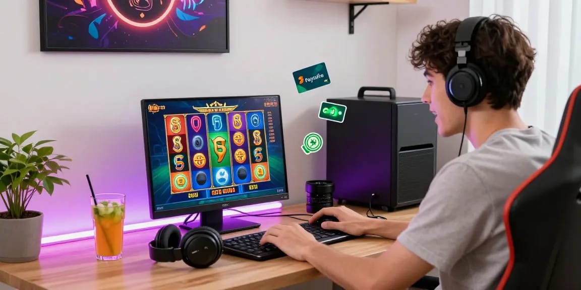 Junger Spieler in einem Paysafe Card Casino, vertieft in Online-Gaming, umgeben von lebhaftem Dekor und Spielelementen.
