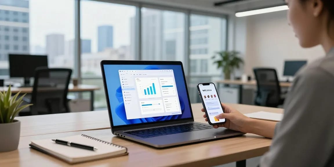 WPS Download interface displayed on a laptop in a modern office environment, showcasing productivity tools and a collaborative workspace.