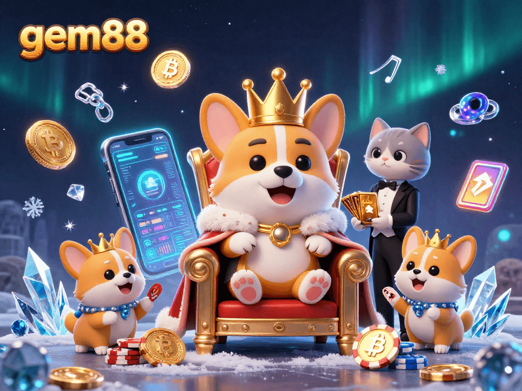 Engage in enriching gameplay with gem88's vibrant royal corgi scene, showcasing crypto elements.