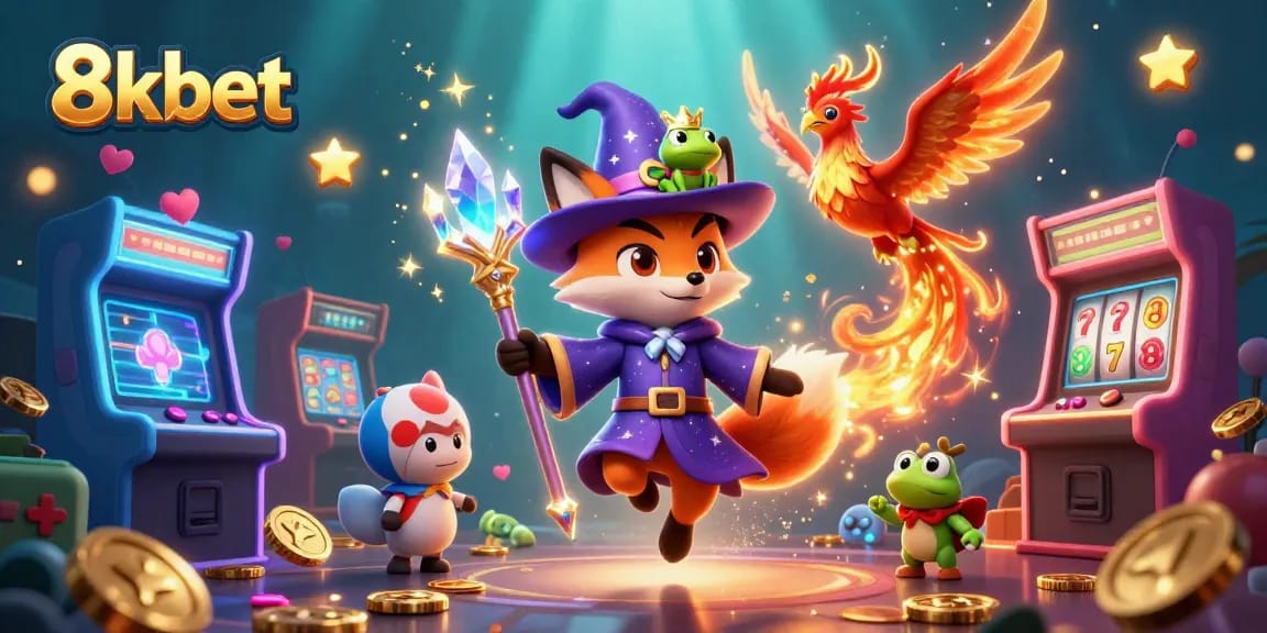 Play exciting games at 8kbet with a magical scene featuring wizards and casino slots.