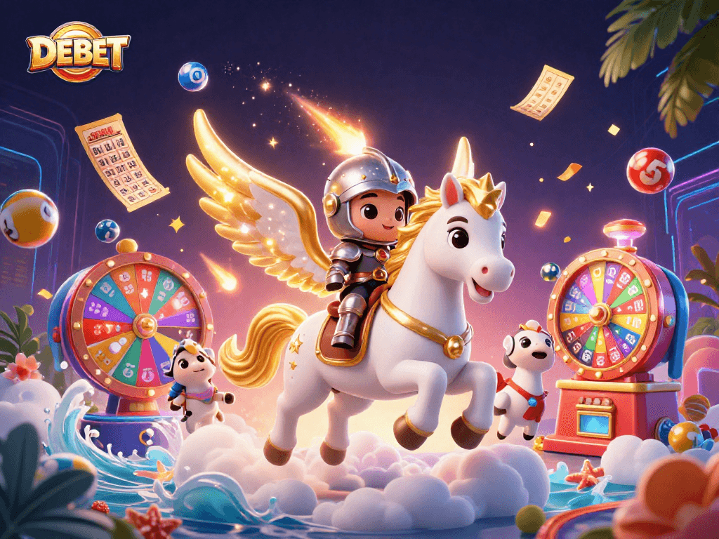 Engage with DEBET in immersive gameplay with a 3D illustration of a knight on a celestial horse.