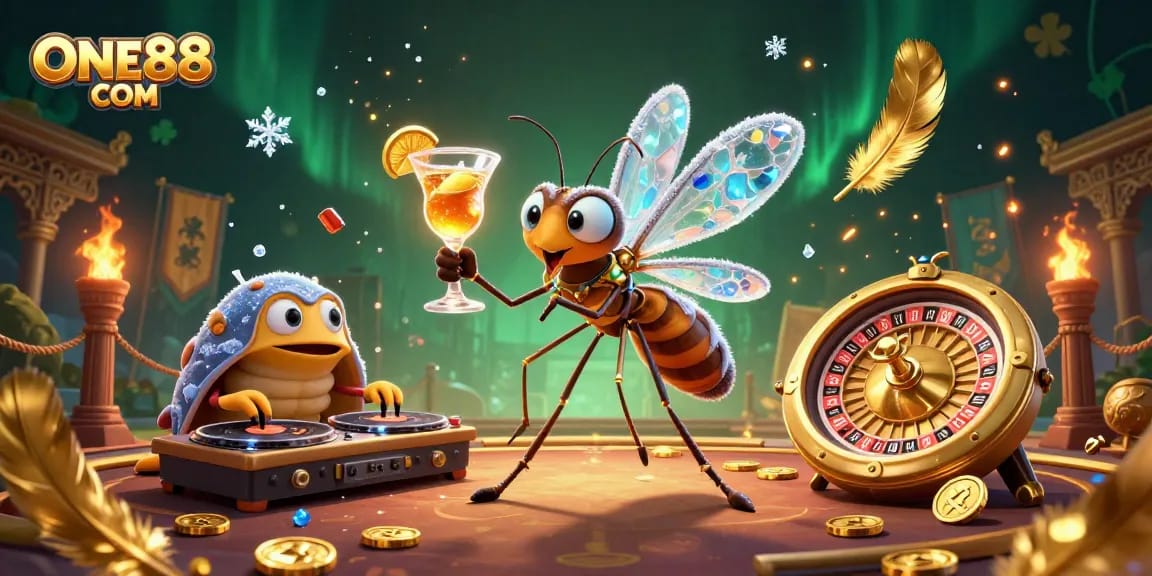 Experience the excitement of ONE88 COM with an immersive 3D casino scene featuring vibrant animations and unique characters.