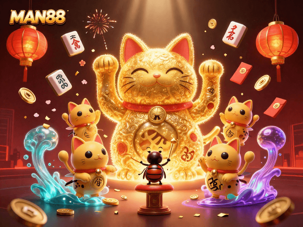 MAN88 showcases an enchanting lucky cat illustration surrounded by vibrant casino symbols.
