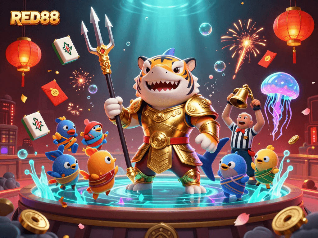 Engage with RED88's dynamic gaming scene featuring a tiger shark in an underwater colosseum.