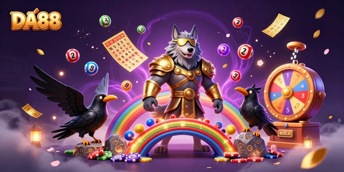 Experience the excitement of DA88 with dynamic lottery and casino game elements surrounding a captivating mythical scene.