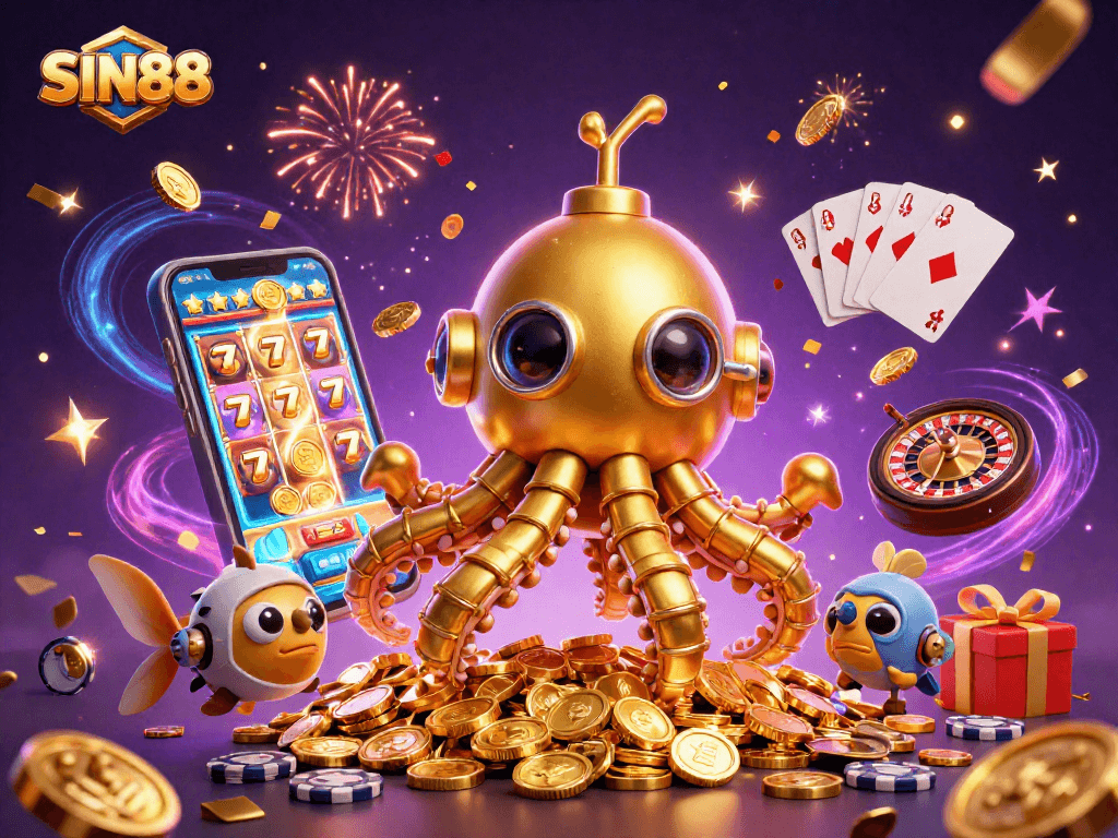 SIN88 offers exciting slots with golden kraken submarine and treasures in a festive casino atmosphere.