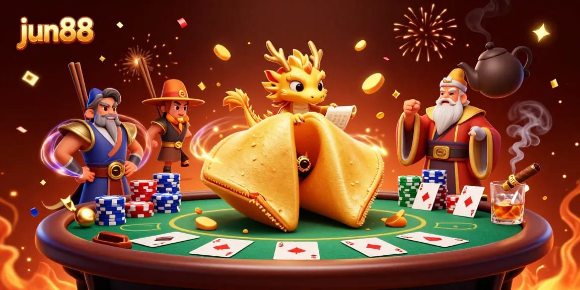 Win big at jun88 with a dramatic poker scene featuring fortune cookie characters and lavish casino elements.