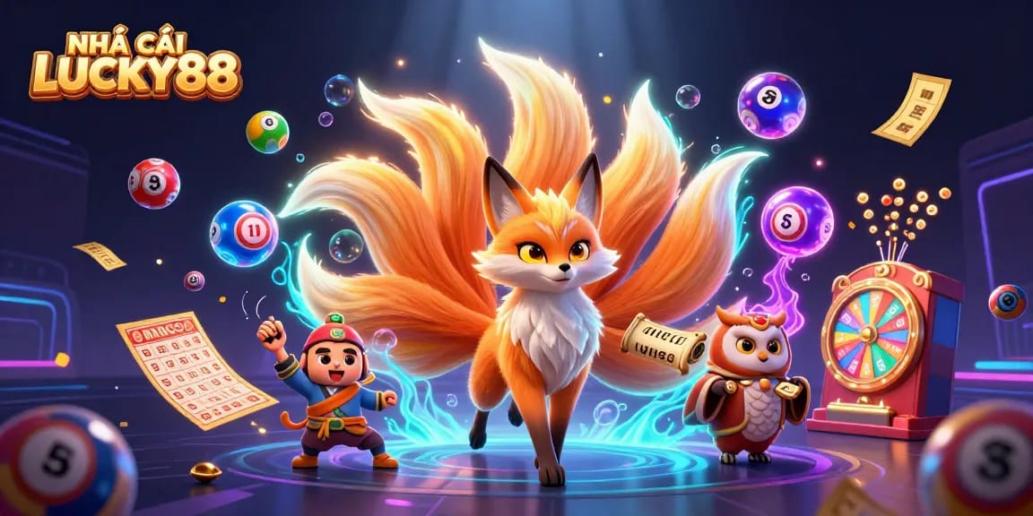 Experience the thrill with NHÀ CÁI LUCKY88, featuring vibrant gambling elements and magical characters.