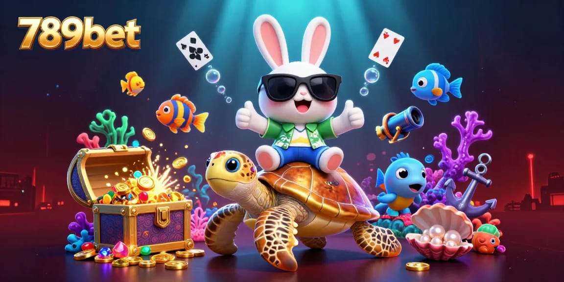 Cược chiến thắng với 789bet qua hình ảnh hài hước của thỏ may mắn và rùa vàng trong biển cả.