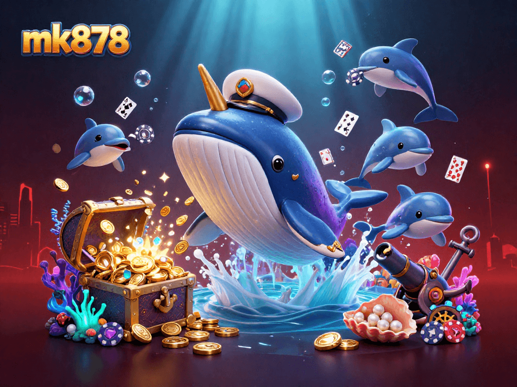 Experience exciting gameplay with mk878, highlighted by a whimsical underwater scene featuring a whale, narwhal, and dolphins.