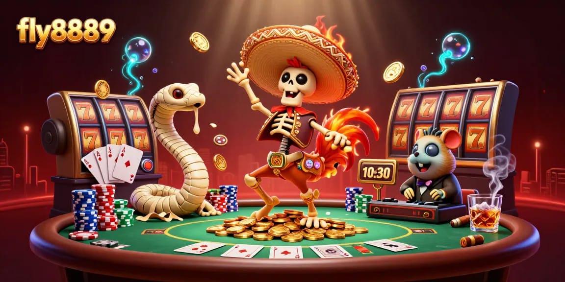 Experience the excitement of fly8889 with a lively 3D casino illustration featuring a mariachi rooster and vibrant gaming elements.