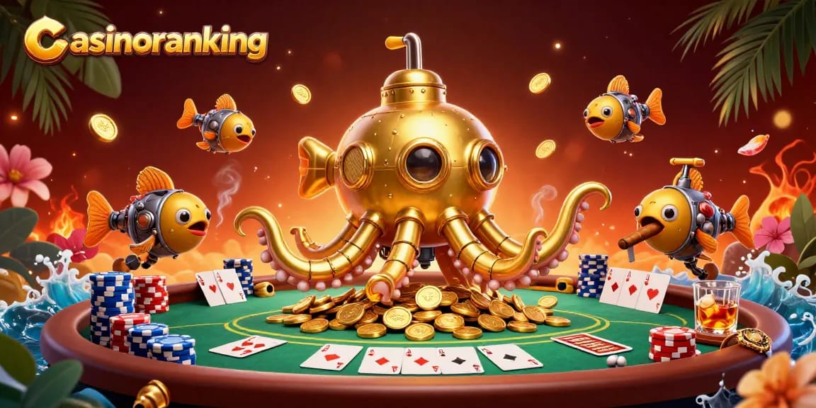Engage in thrilling gameplay at casinoranking with a 3D golden kraken submarine navigating a sea of poker chips.