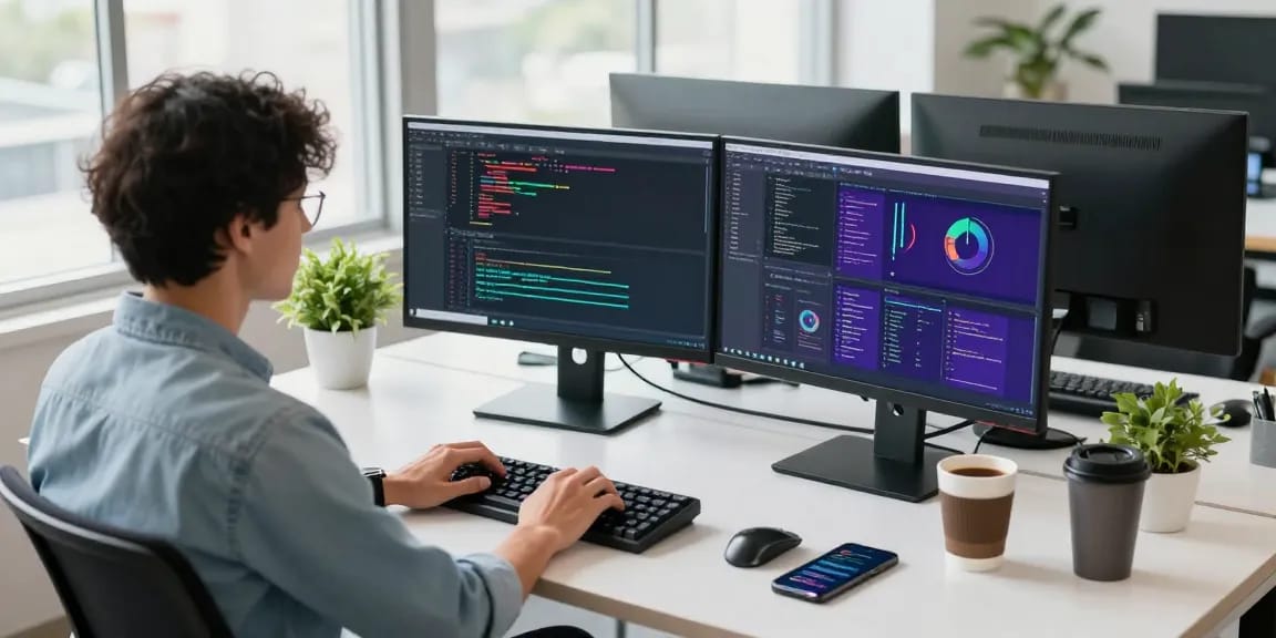 快连 developed within a busy tech workspace, showcasing coding screens, coffee, and dual monitors for a productive atmosphere.