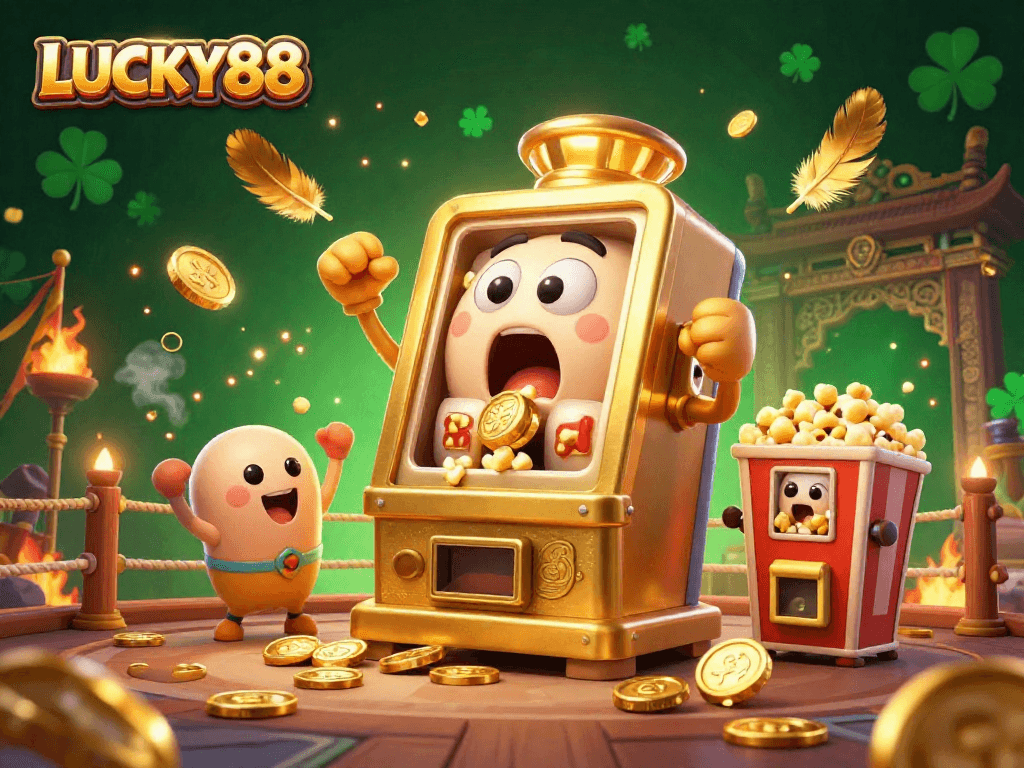 LUCKY88 slot machine hits a jackpot amidst golden coins and exciting visuals in 3D illustration.