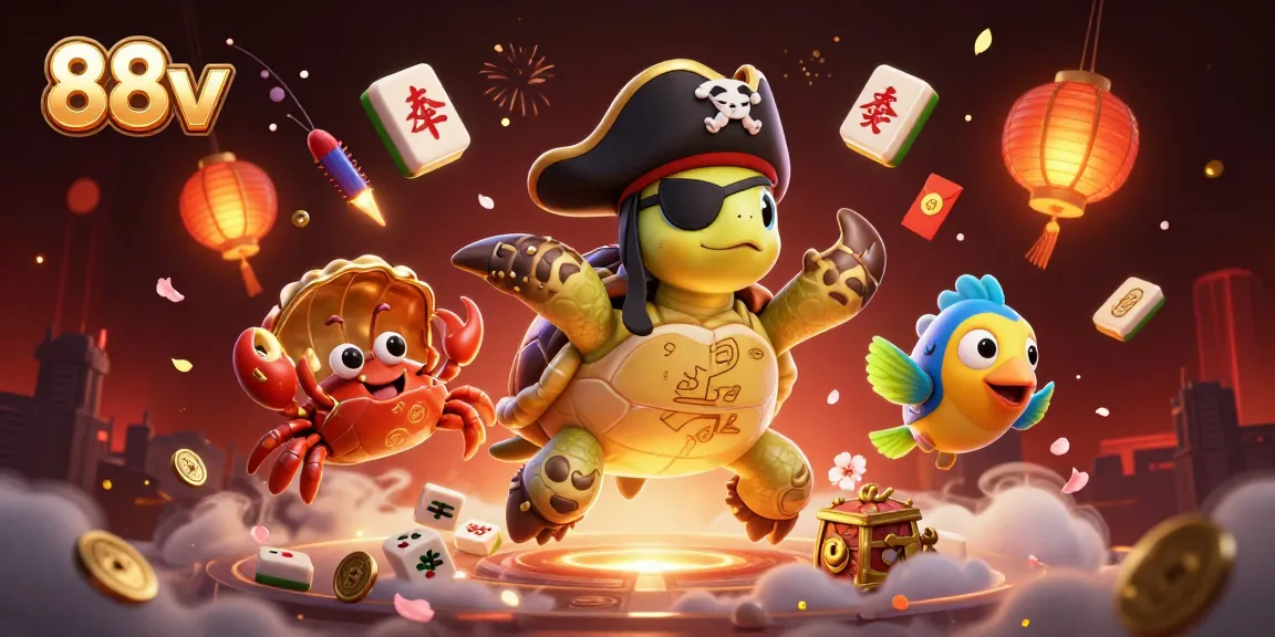 Engage with 88vv's thrilling adventure, featuring a pirate turtle and treasures in a vibrant casino scene.