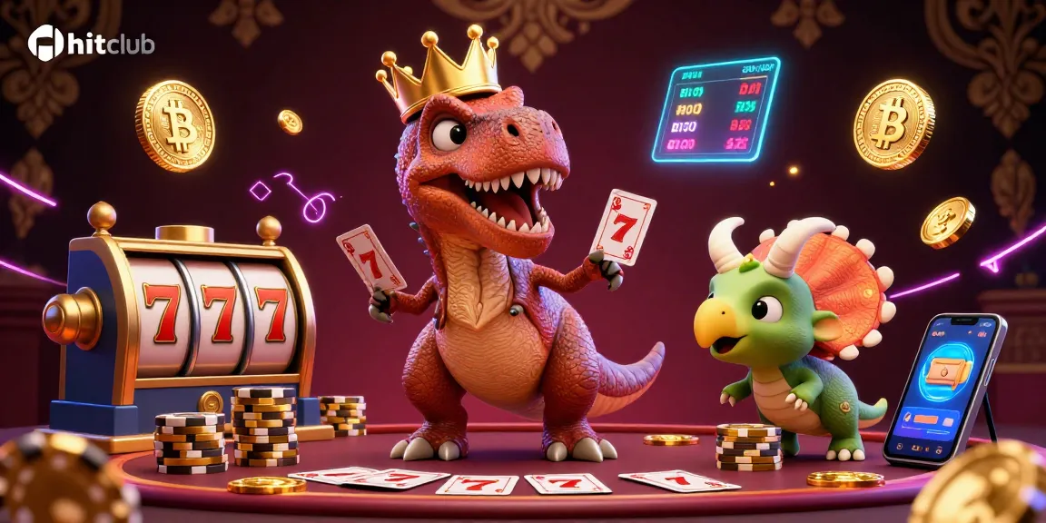 Hitclub features a playful T-Rex and triceratops engaged in a lively casino scene, shuffling cards and stacking chips.