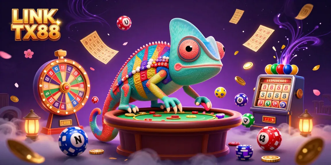 Catch thrilling action at LINK TX88 with a colorful casino scene featuring a chameleon owner.