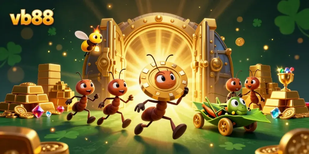 Join the vb88 team of ants in a thrilling heist with golden treasures in this vibrant casino scene.