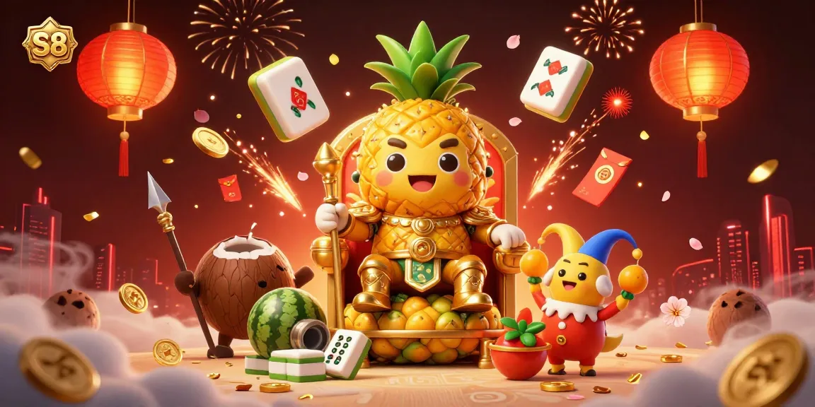 S8 casino experience featuring a vibrant scene with a pineapple king and his tropical companions, capturing the excitement of gaming.