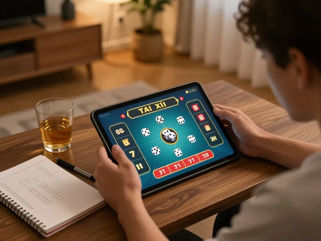 Tai Xiu Online gameplay in a cozy home setting with strategic notes and tablet