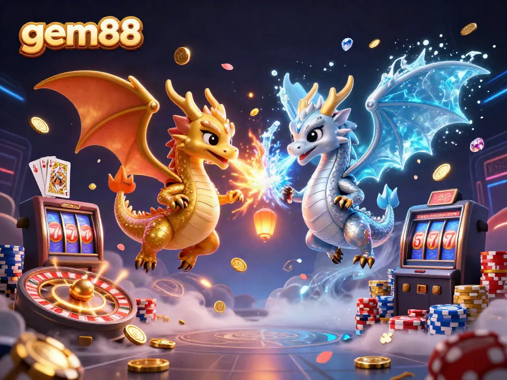 Engage in thrilling gaming at gem88 with dynamic dragons, golden coins, and vibrant casino elements.