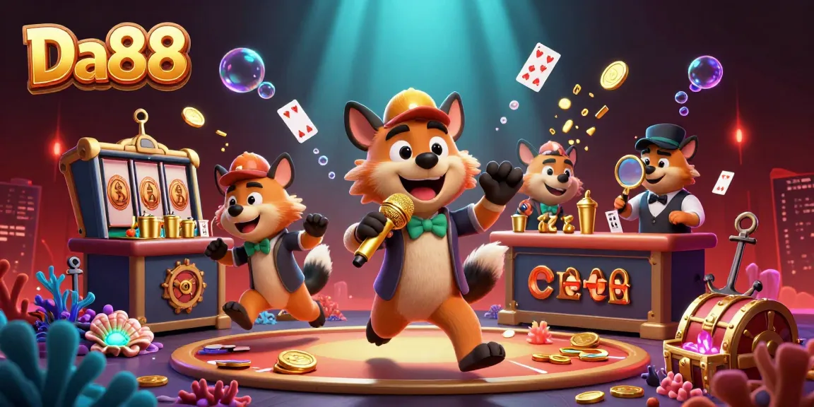 Da88 brings laughter to the casino scene with hyenas playing, mixing drinks, and checking IDs amidst vibrant game elements.