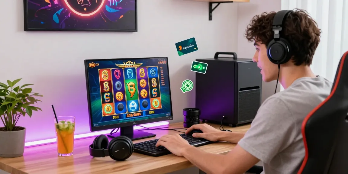 Junger Spieler in einem Paysafe Card Casino, vertieft in Online-Gaming, umgeben von lebhaftem Dekor und Spielelementen.