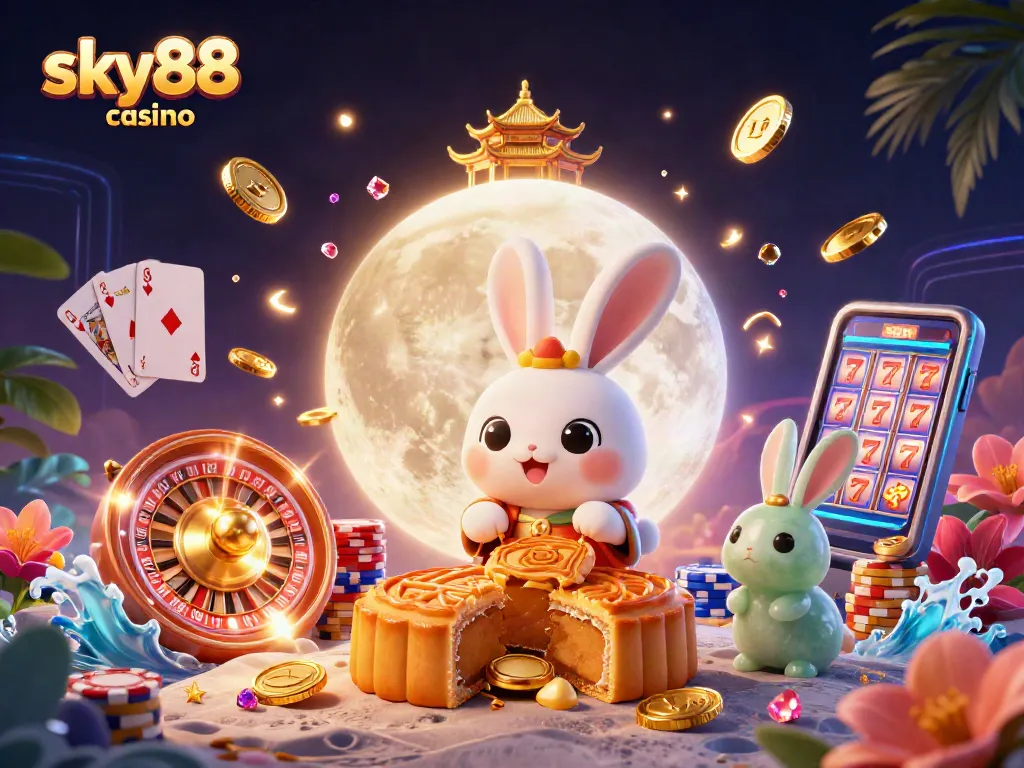 Experience epic wins at sky88 casino with a vibrant illustration of gambling elements and characters.