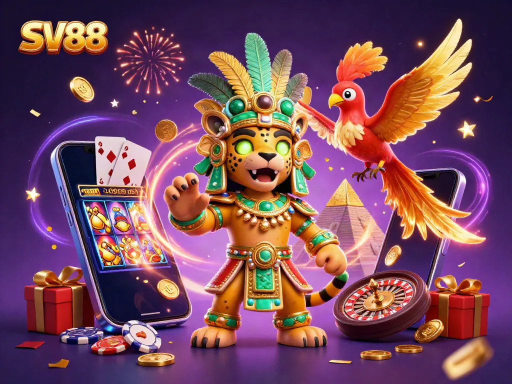Experience the vibrant energy of SV88 with a thrilling casino scene filled with dynamic elements like slot games.