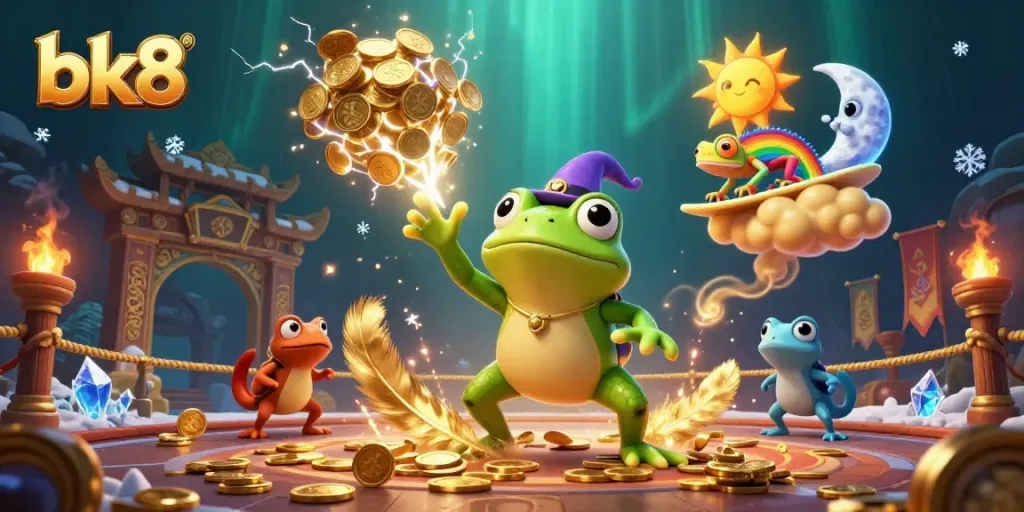Experience vibrant bk8 casino action with a wizard frog and chameleon amidst golden coins.