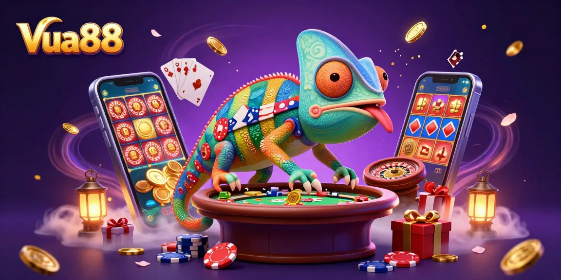 Experience the excitement of Vua88 as a chameleon casino owner attracts golden coins at the gaming table.