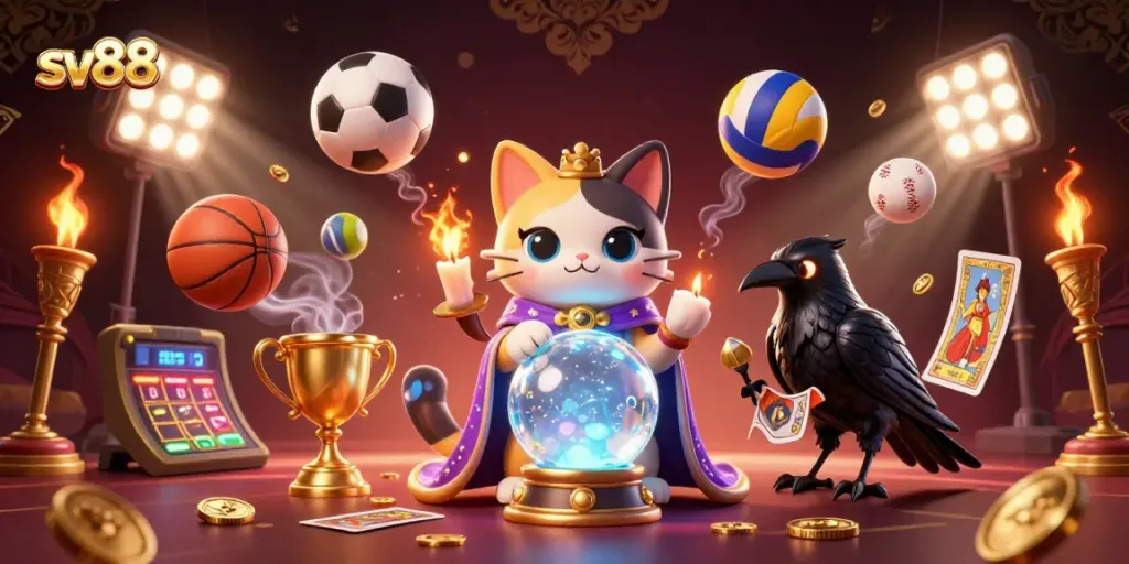 Experience the excitement of betting at sv88 with a vibrant illustration featuring sports and winning elements.