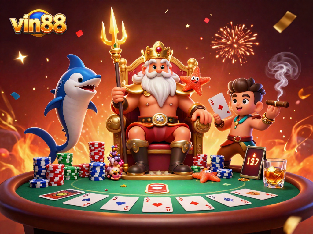 Win big at vin88 with Neptune's poker showdown featuring colorful chips and dazzling confetti.