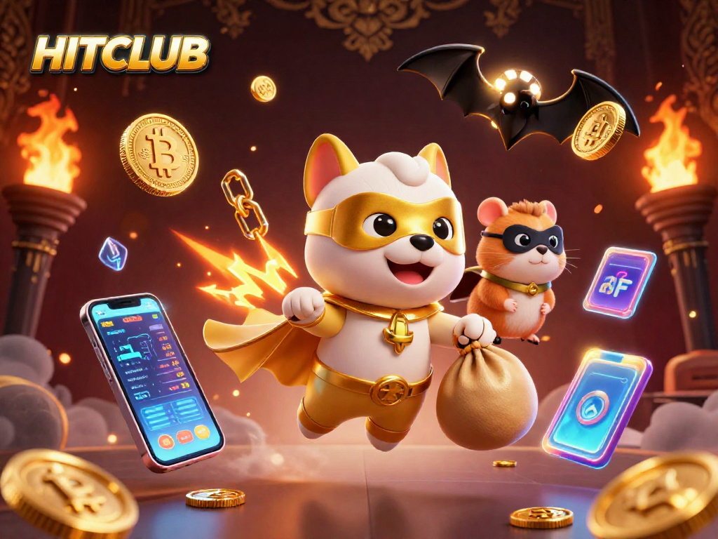 Win big with HITCLUB as the superhero duo collects treasure amidst vibrant casino elements.