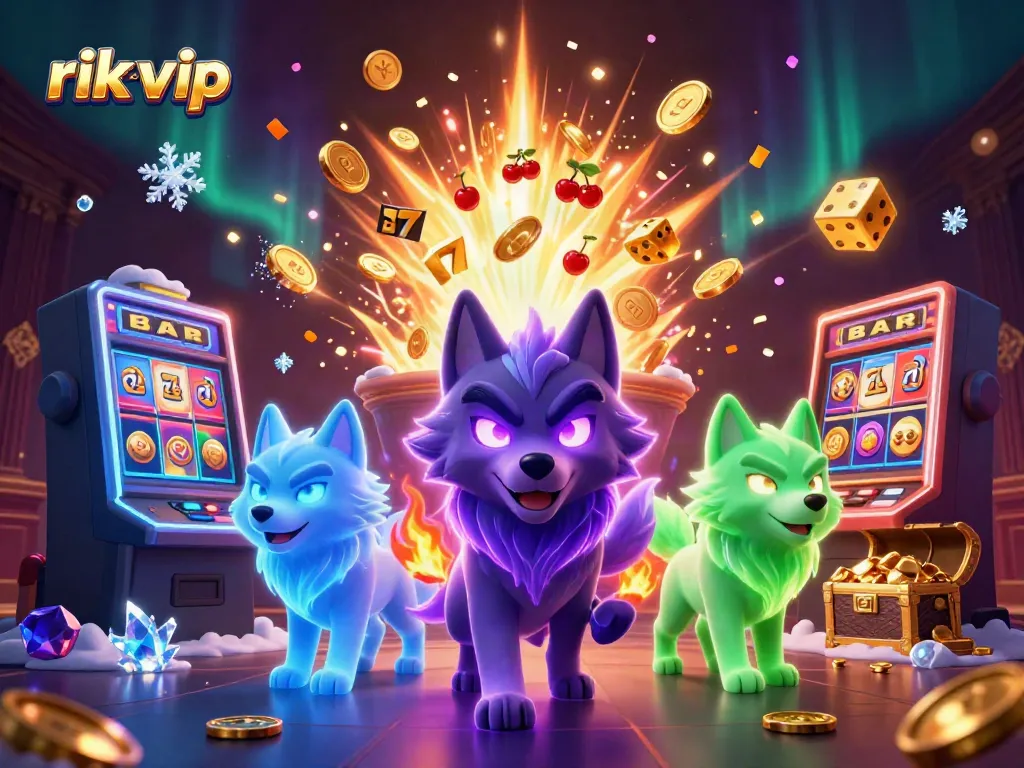 Experience the thrill of rik vip with dynamic gaming visuals, featuring a slot machine and glowing wolves.