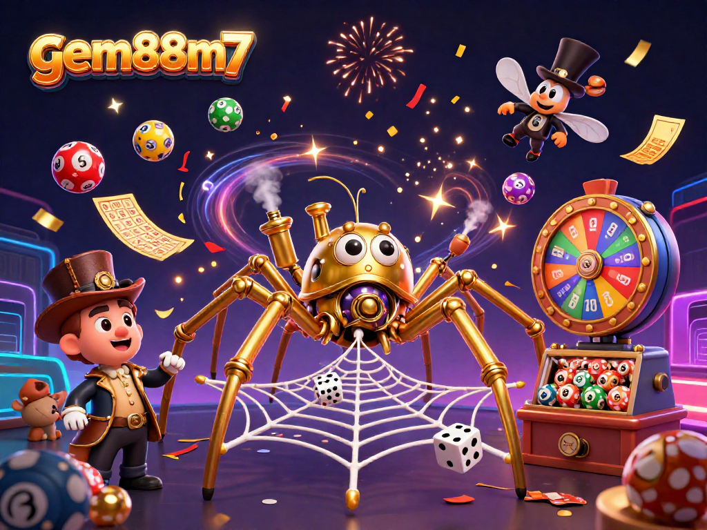 Experience thrilling games at gem88m7 with vivid colors and dynamic casino elements in this vibrant illustration.