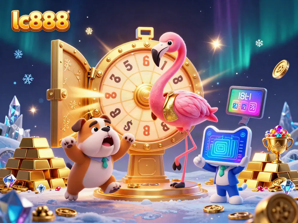 Spin the lc888 prize wheel with excitement in this dynamic casino scene filled with riches.
