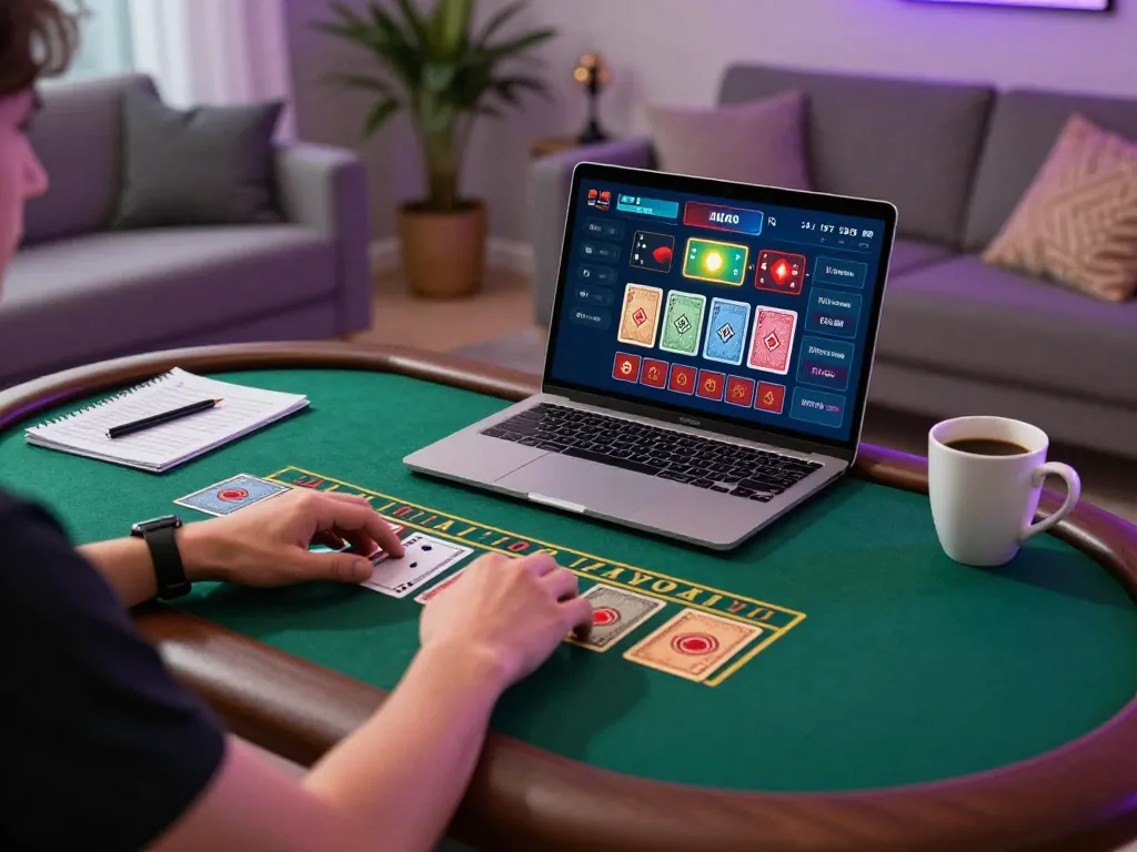 Player engaging in online blackjack at home with qq88 to gaming interface visible on the laptop.