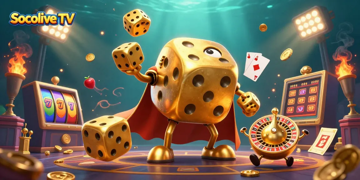 Socolive TV showcases a vibrant gambling scene with golden dice, slot symbols, and dynamic motion.