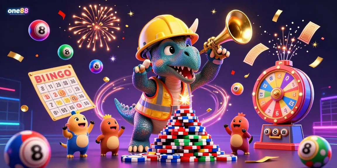 Celebrate winning at one88 with a dynamic scene featuring a triceratops, lottery elements, and festive confetti.