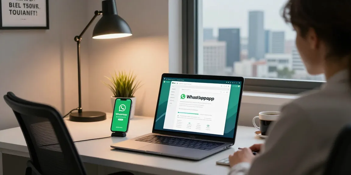 Using WhatsApp網頁版 in a modern workspace with laptop and city view.