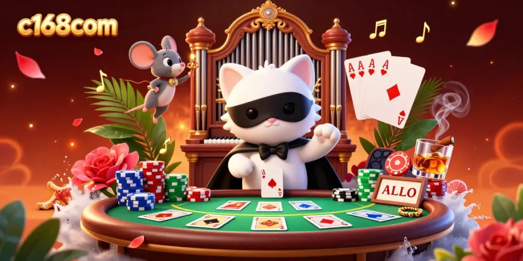 Play exciting casino games with c168com featuring a cat maestro and acrobat in a vibrant setting.