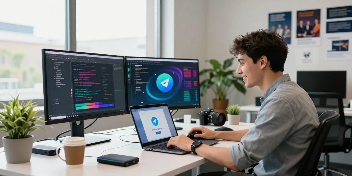 Download Telegram app on a laptop in a vibrant tech workspace with modern gadgets.