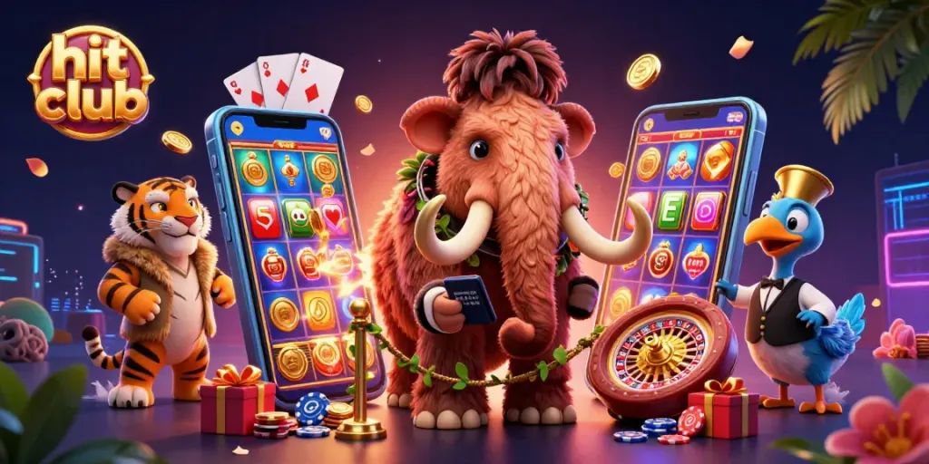 A vibrant illustration of hit club's cartoon characters enjoying a casino environment with slot games and golden coins.