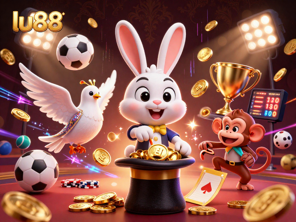 Experience winning at lu88 with a magician rabbit, sparkling coins, and playful poker chips.