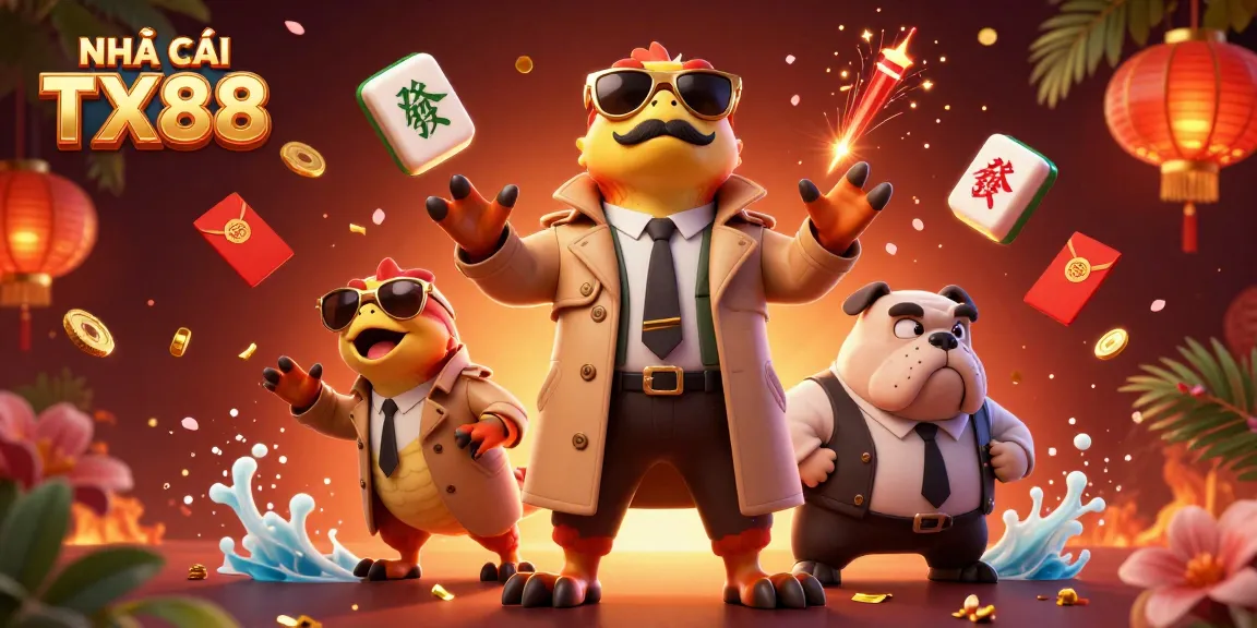 Engage with NHÀ CÁI TX88 through a festive casino scene with raptors and sparkling game elements.