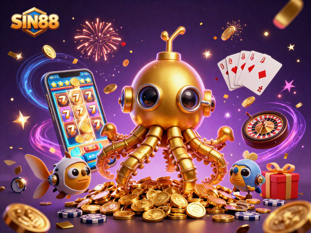 SIN88 offers exciting slots with golden kraken submarine and treasures in a festive casino atmosphere.
