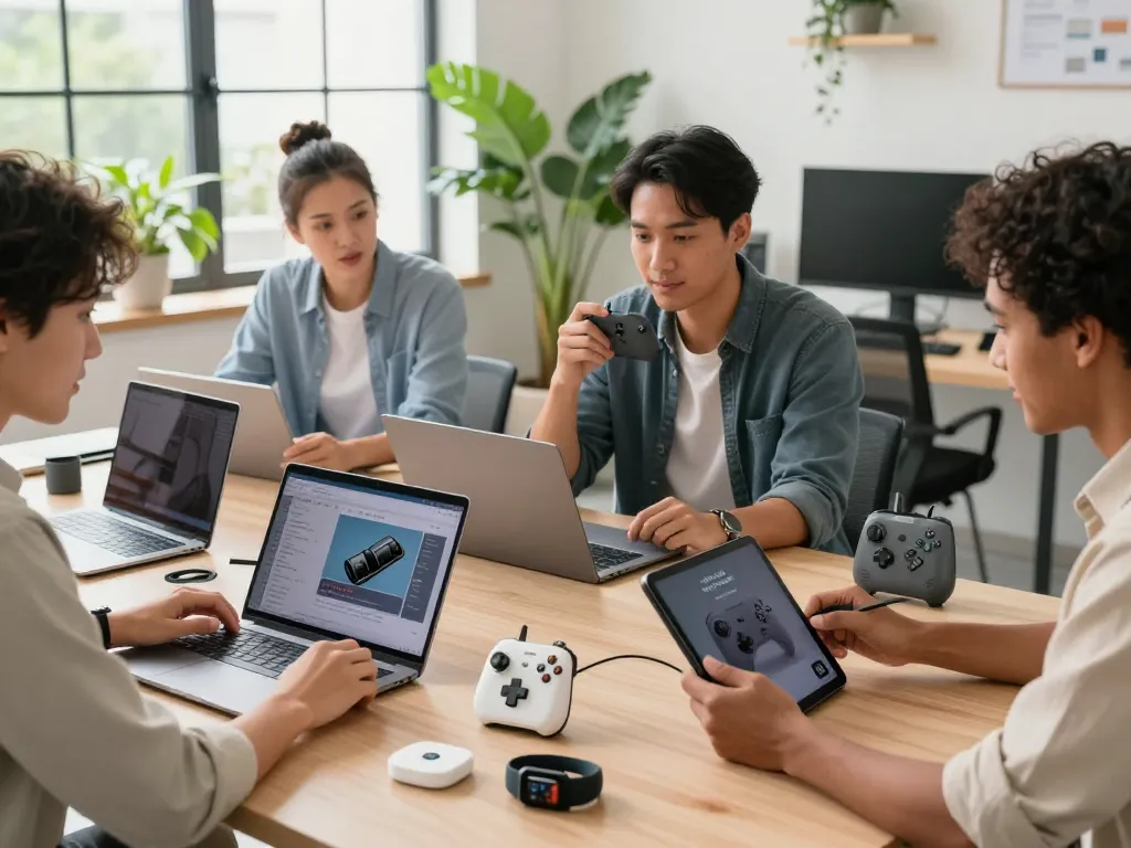 Engaging team exploring affordable tech gadgets like 8BitDo Ultimate 2 and AirFly Pro 2 in a bright, modern workspace.