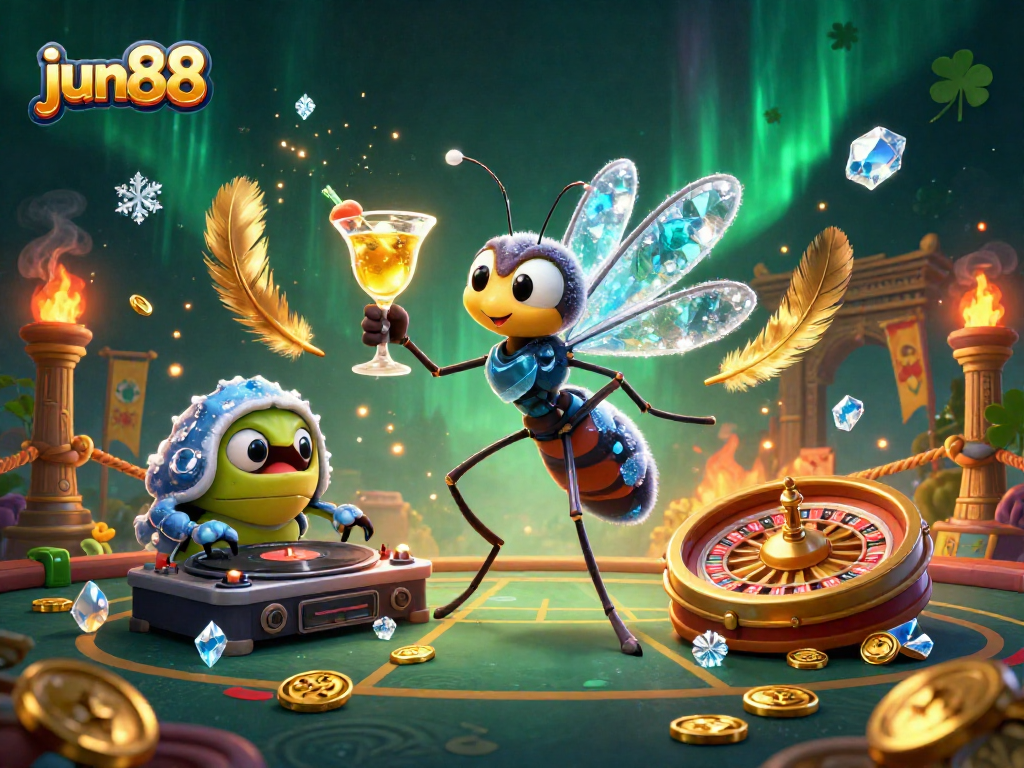 Experience thrilling gameplay with jun88 as a frozen mosquito casino mascot, spinning luck and fortune.